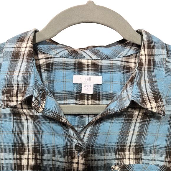J Jill Blue Gray Plaid Button Down Classic Cozy Flannel Blouse Size Small Petite - Picture 10 of 11